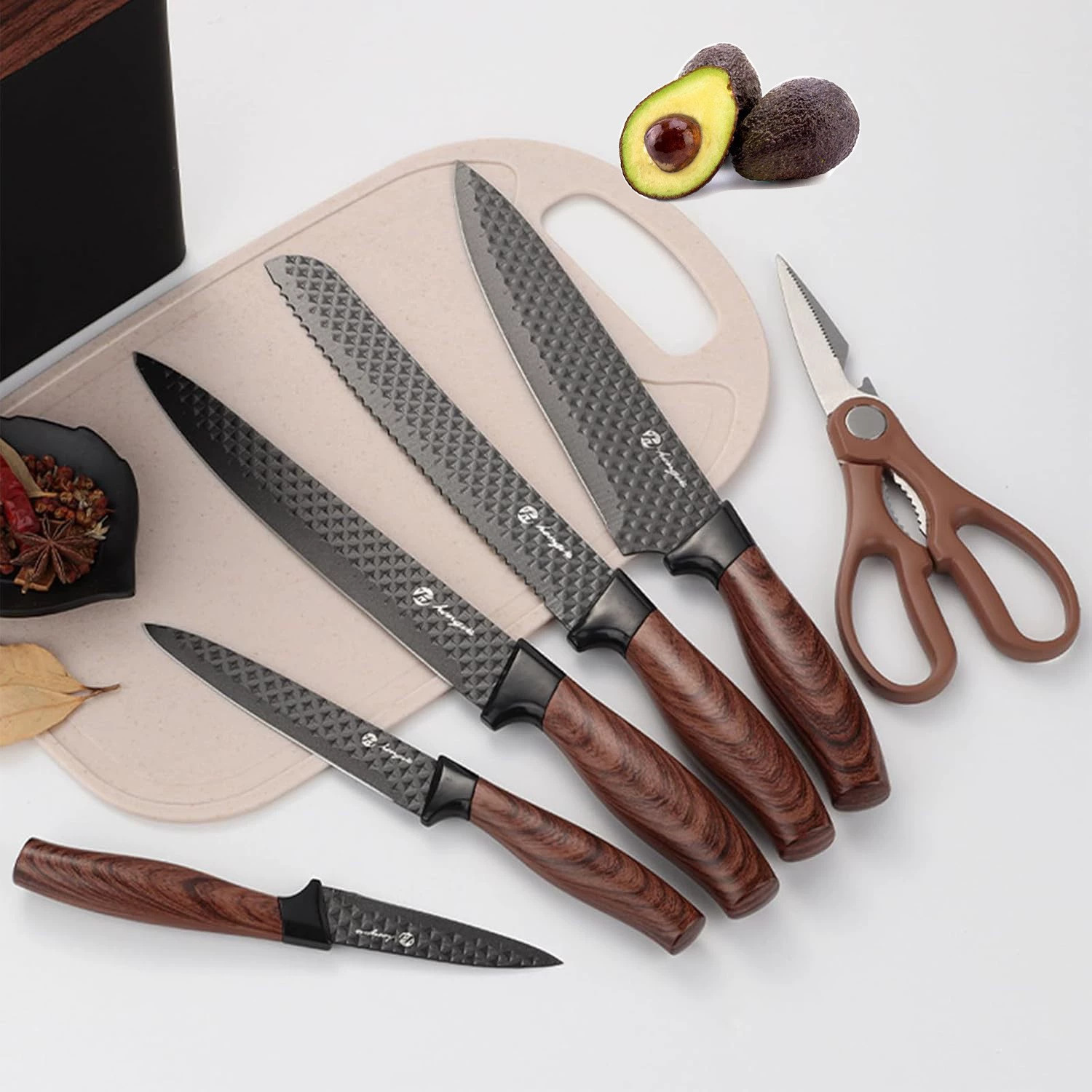 Cuchillo de cocina de acero inoxidable transfronterizo recubierto de madera cuchillo de cocina doméstico de siete piezas conjunto de cuchillos de verduras antiadherentes