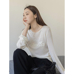 3351# 喇叭袖毛织圆领长袖t恤女春夏季内搭绣花针织衫打底上衣薄