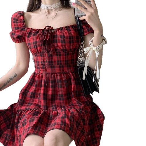 Red Gingham Dress Summer 2025 Women's French Classic Petite Bubble Sleeve Sweet First Love Dress