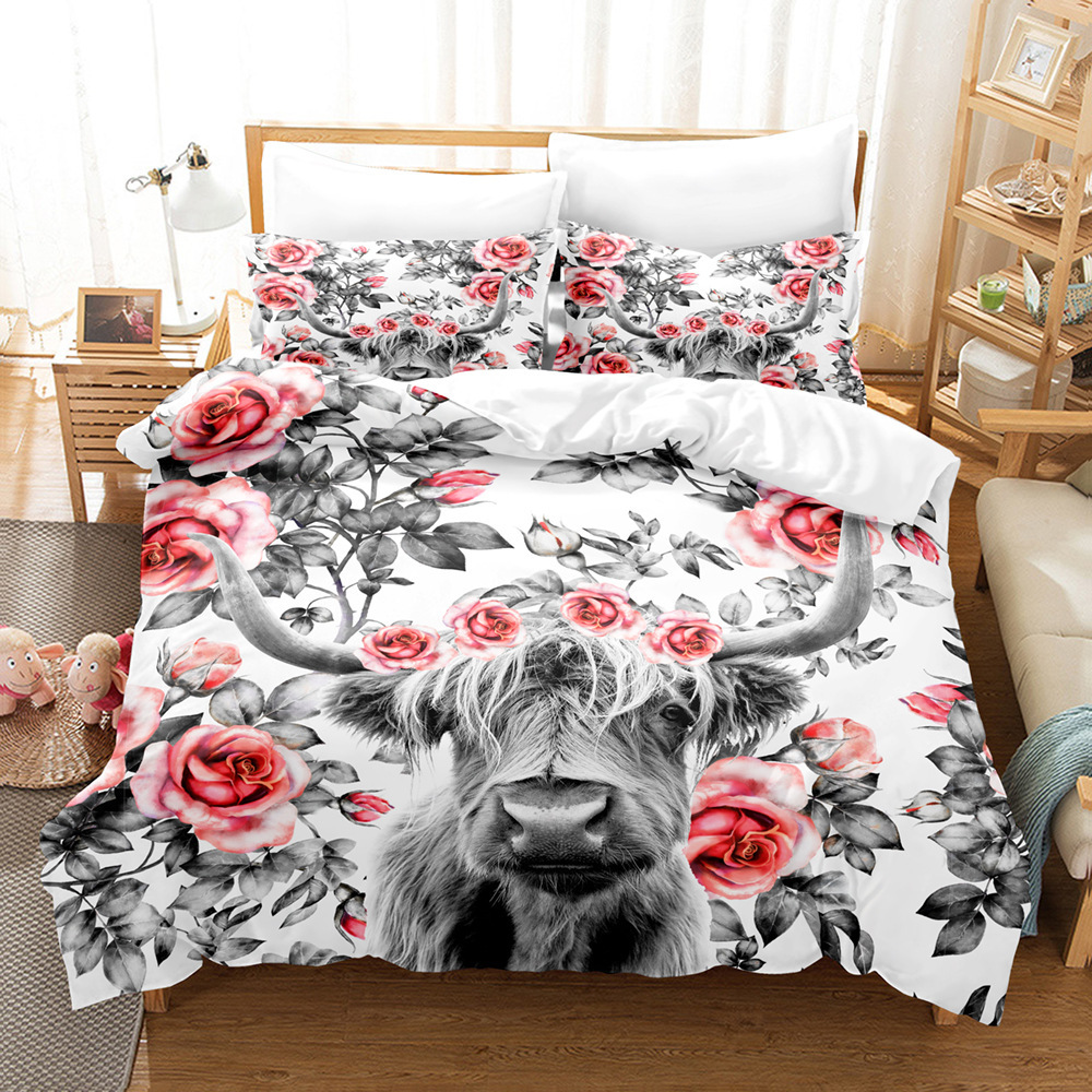 Serie de ganado 3D Impresión digital transfronteriza cubierta de edredón de comercio exterior conjunto de tres piezas conjunto de ropa de cama de cuatro piezas