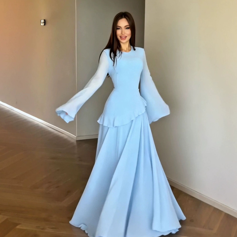 Amazon's New 2026 Summer European and American Women's Clothing Light Blue Elegant and Fashionable Long-Sleeved A-Line Bright and Soft Dress