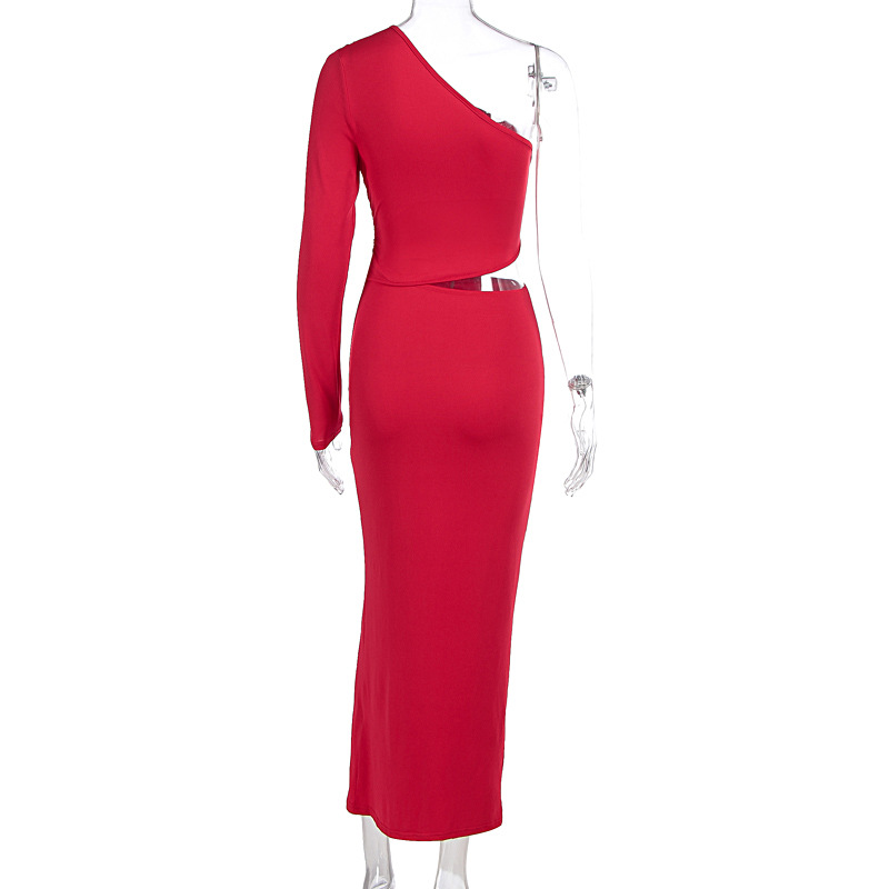 Women Clothing Autumn Winter Sexy Solid Color Split Slim Fit Diagonal Collar Floor Dress Women