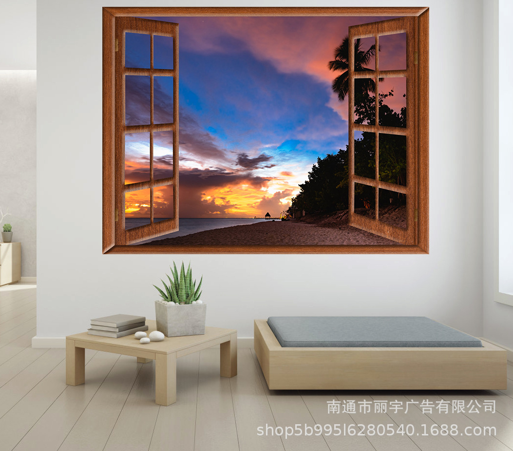 3D仿真假窗红木框天空图案自粘墙贴 客厅沙发背景墙装饰风景画