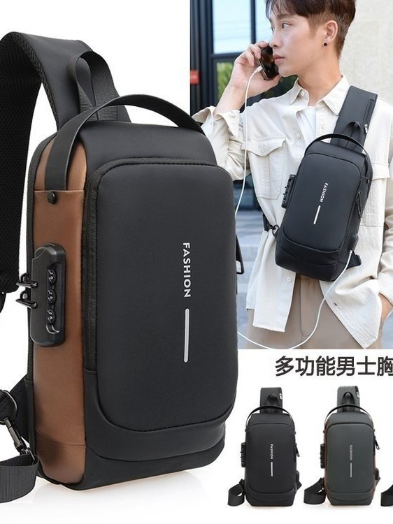 Bloqueo de contraseña anti-robo bolso de pecho de hombre mochila de motocicleta mochila deportiva al aire libre interfaz USB bolso de pecho mochila deportiva