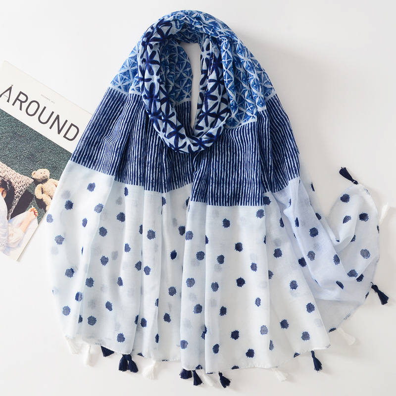 Azul dulce fresco impreso algodón y lino sensación bufanda de seda viajes protección solar decorativa toalla playa al aire libre aire acondicionado chal