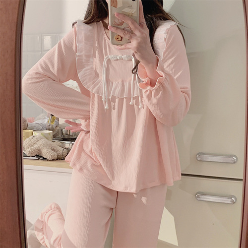 Live broadcast French palace princess style bubble wrinkle pajamas for women long-sleeved lace sweet home clothes suit manufacturer dropshipping