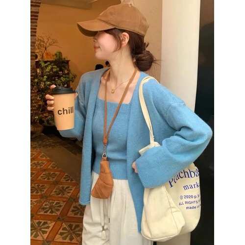 蓝色长袖软糯针织开衫女秋季2025新款韩系宽松慵懒风毛衣外套上衣|undefined