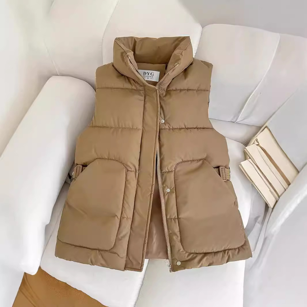 2024 nuevo chaleco de plumón de algodón mujer delgado estilo de moda extranjero estilo de moda collar clip cintura de hombro sin mangas universal