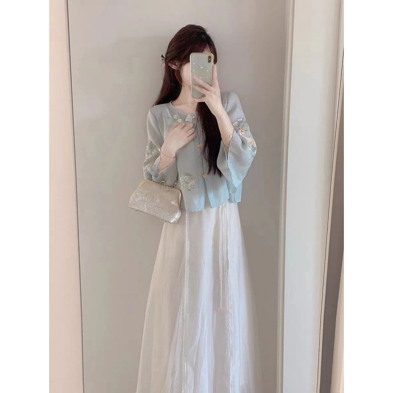 芳華新中国式日常刺繍国風時代劇漢服女性茶芸服唐装小背盤ボタンセット夏|undefined