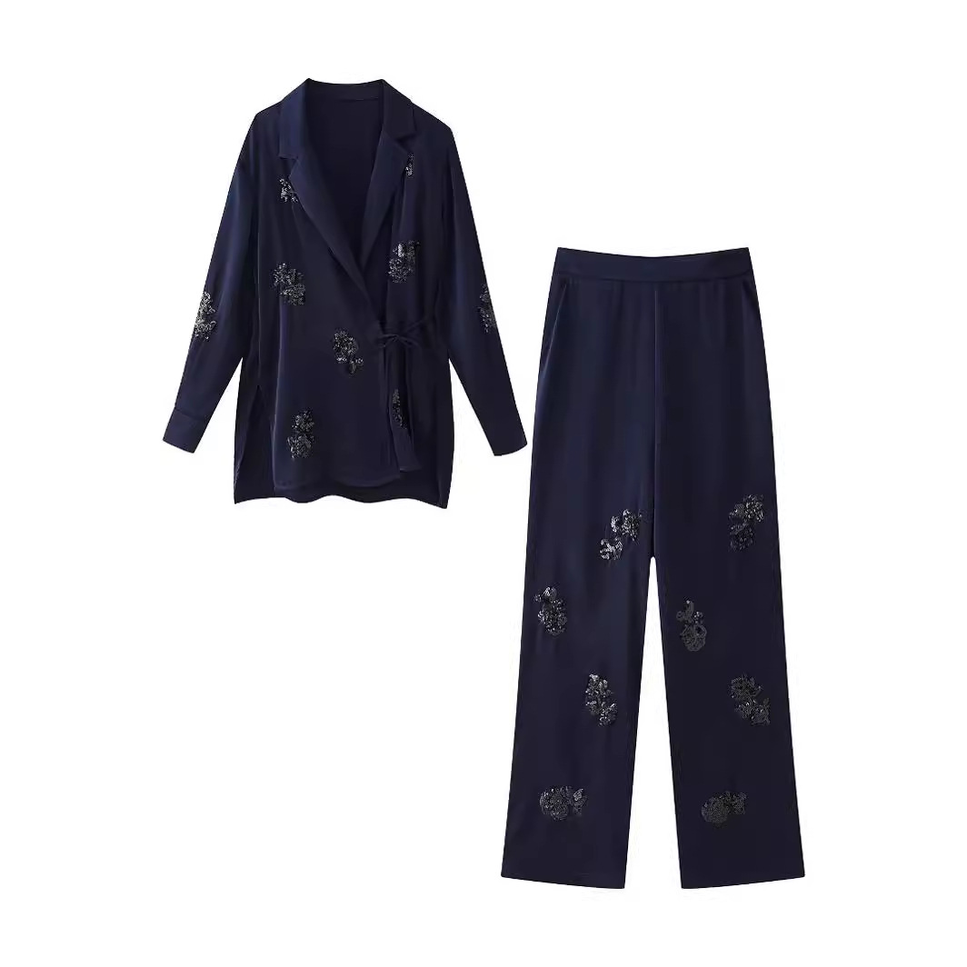 Dámske oblečenie, letná novinka 2024, sako s dlhými nohavicami a perleťovou ozdobou_voghion.com