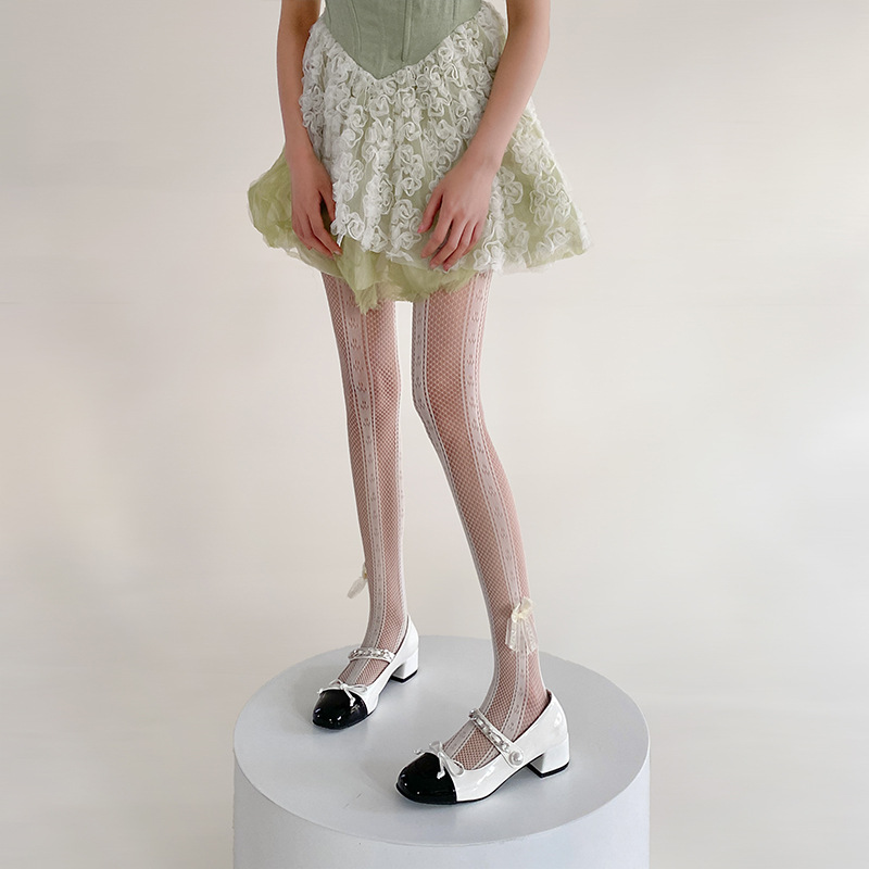 Medias de malla delgadas de verano blanco encaje vertical arco JK Lolita largo dulce encantador red de pesca hueca