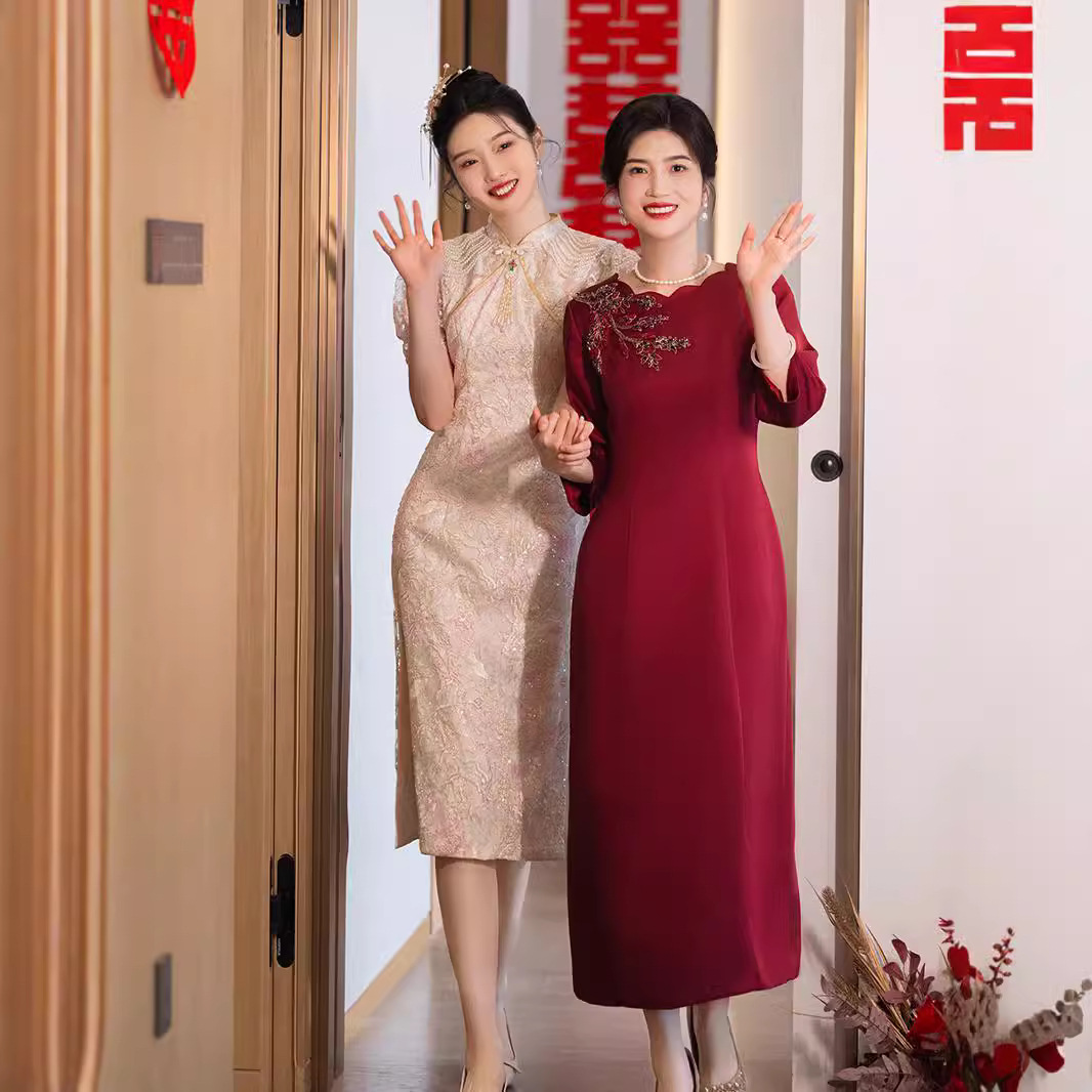 Grandma Xi's Wedding Banquet Binding Wedding Dress 2024 Autumn and Winter New Thickeneded Wedding Mother's Dress Cheongsam Dress for Women