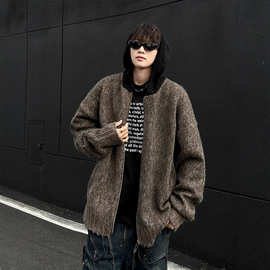 美拉德棕色连帽开衫毛衣男秋冬季cleanfit宽松慵懒风拉链针织外套