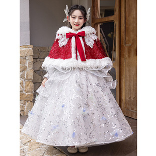 Girls' Shawl Festive Warm fleece-lined Thickened Princess Dress Small Cape Red New Year Cloak Outdoor Cape Autumn and Winter