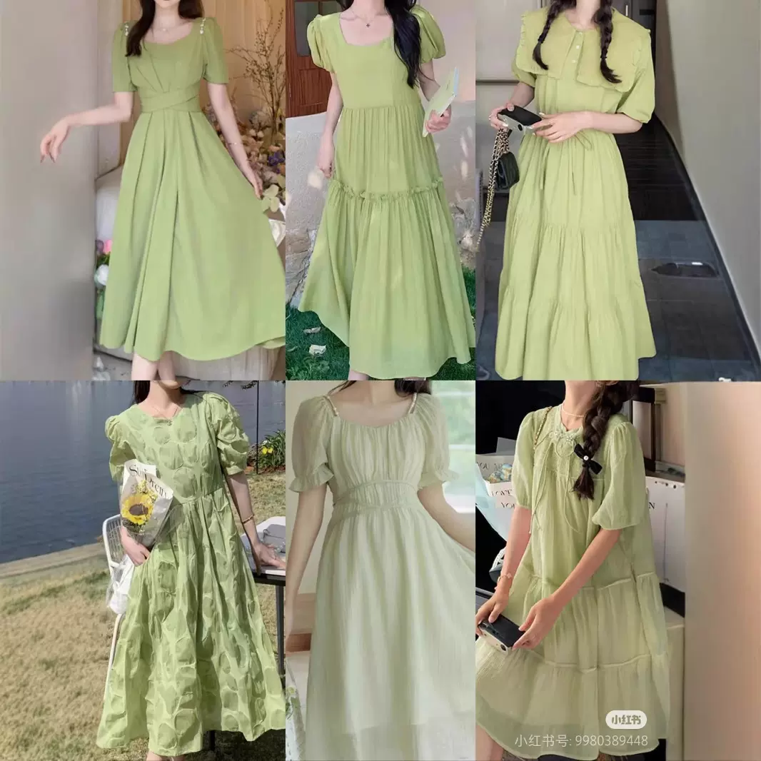 夏季新款十三行女装森系连衣裙女夏高级修身显瘦绿色田园杂款批发