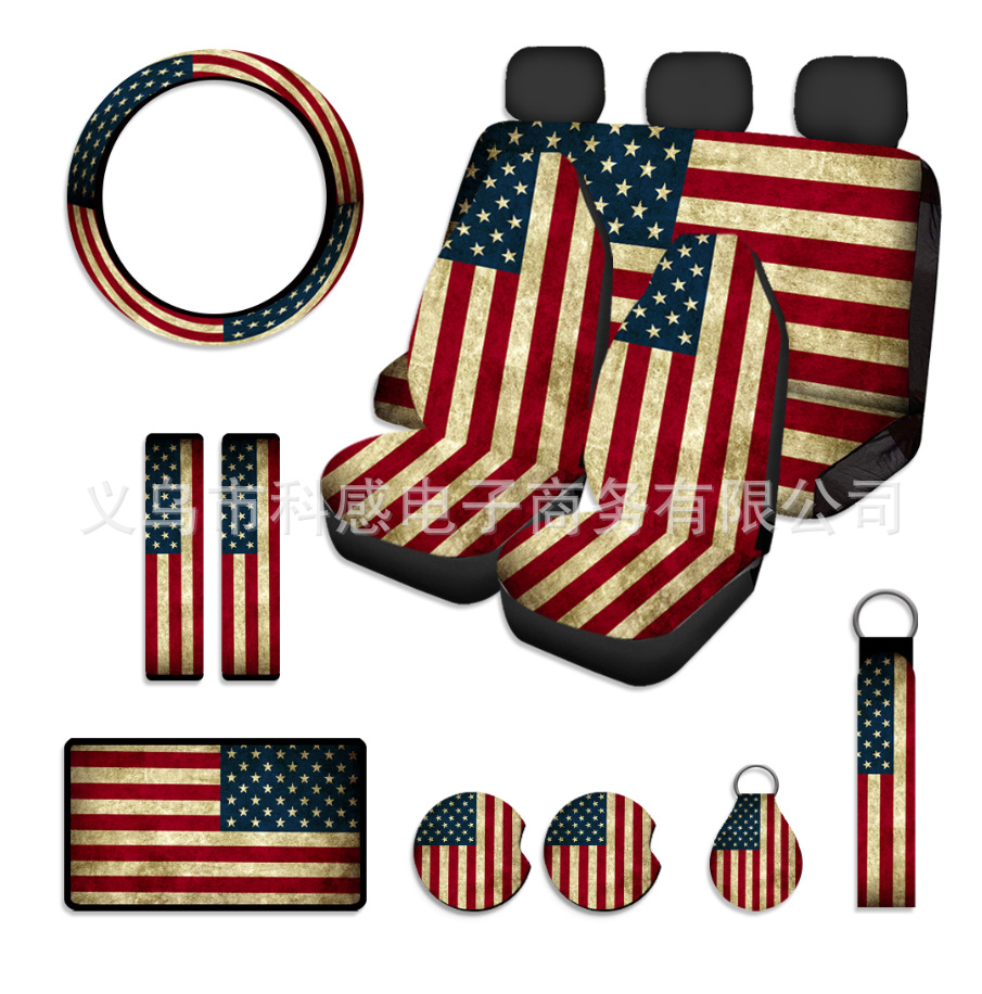 Foreign Trade American Flag Combination15-piece Set Printed Car Seat Cover Steering Wheel Cover Armrest Pad Shoulder Cover