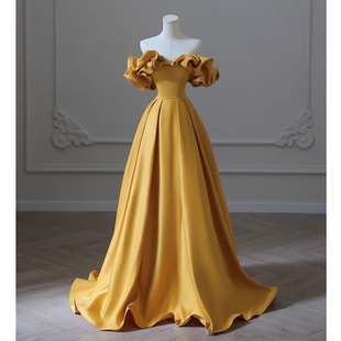 off-shoulder banquet evening dress dress women's satin yellow temperament light luxury niche high-end art test host dress