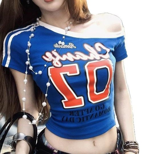 American Style Street Hot Girl Personalized Printed Slant Shoulder Short Cropped Short-sleeved T-shirt Women's Summer Slim-fit Short-sleeved Top for Women T
