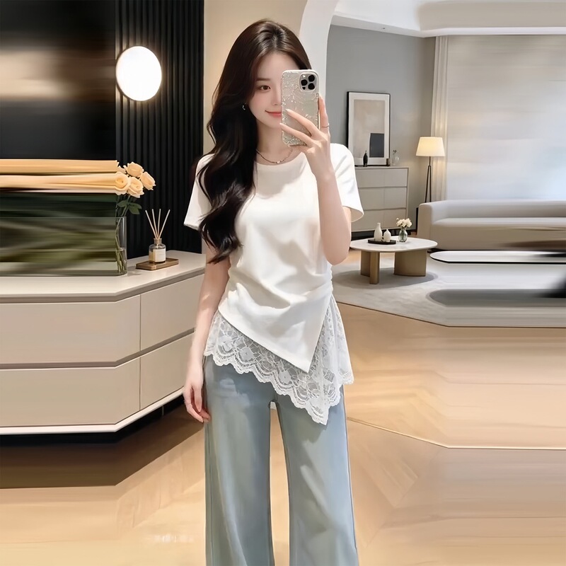 [240g Pure Cotton Ribbed Fabric, 92% Cotton, 8% Spandex] Stylish Lace Patchwork Short-Sleeve T-Shirt for Women, Summer Slim-Fit Top