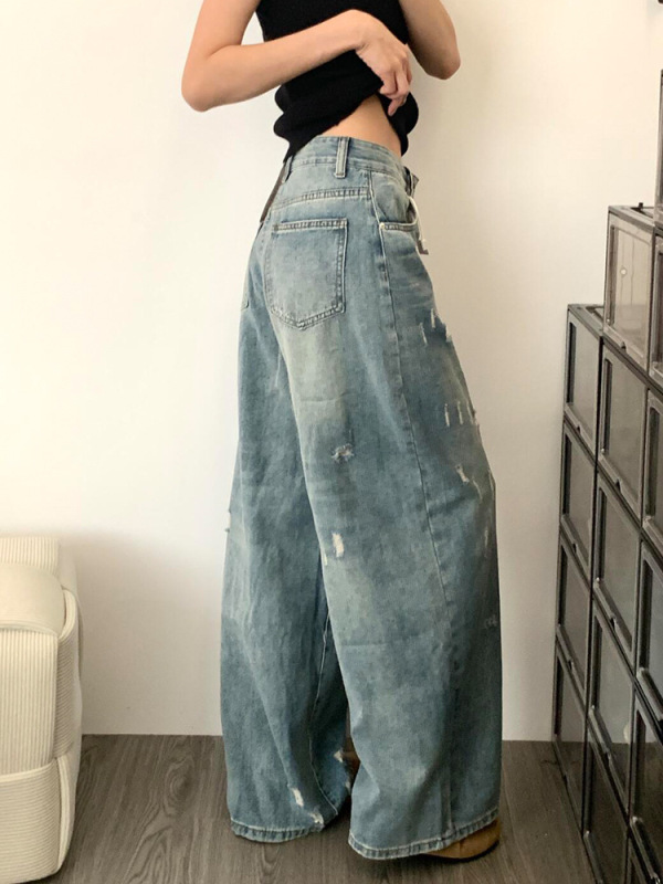 大码破洞牛仔裤女春季胖妹妹宽松显瘦直筒裤子女设计感小众阔腿裤|undefined