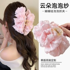 新款甜美云朵泡泡纱双面超大蝴蝶结抓夹女网红鲨鱼夹后脑勺发夹