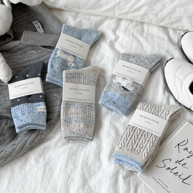 Autumn and Winter Gray Blue Wool Socks Combination Mid-Calf Socks Ins Trendy Cute Puppy Pile Socks Thickeneded Bow Socks