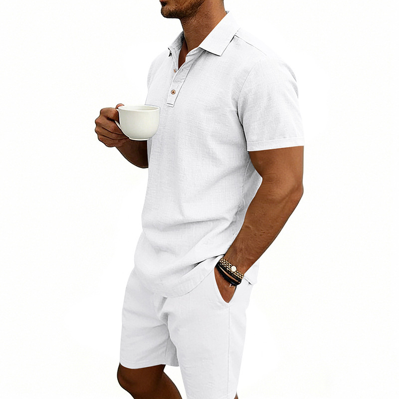 Ensemble polo et short de plage décontractés en lin, style américain, pour homme, idéal pour l'été, les vacances et les trajets quotidiens. Grandes tailles disponibles. Coupe ample. Polo à revers simple et coupe simple._voghion.com