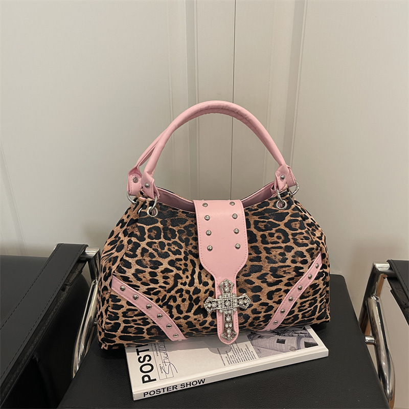 Cross-Border Exclusive Supply of Street-Style Personality Leopard Print Patchwork Tote Bag with Multiple Pockets and Rivets, Vintage Crossbody Handbag