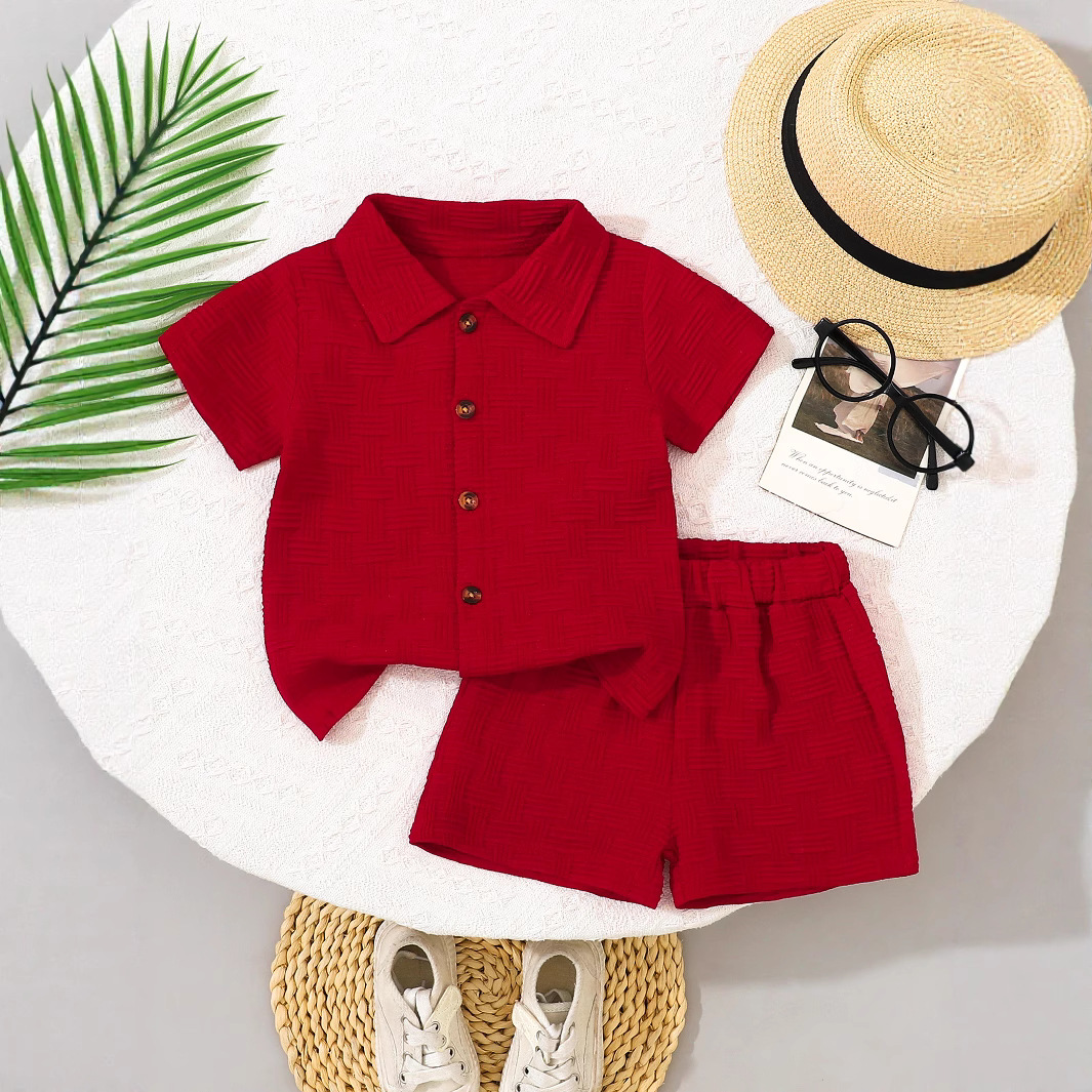 Boys' Shirt Two-Piece Set, Pure Color Glossy Paris Strip Fabric, Cute Boy Clothes, a Must-Have for Summer