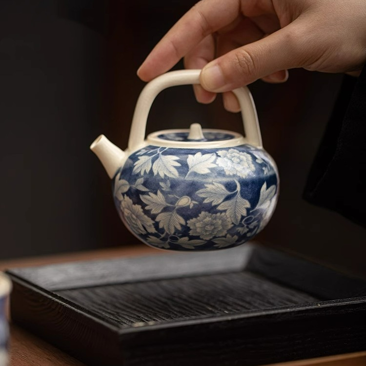 苏打釉禅意粗陶国色提梁壶功夫茶具复古元青花磨砂泡茶壶单个