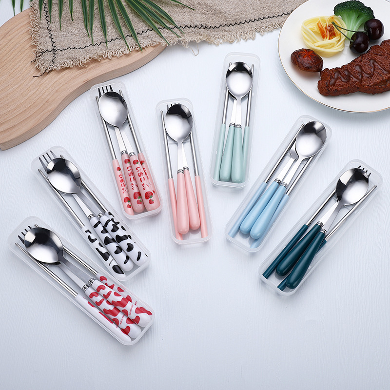 Portable stainless steel chopsticks, spoon, and fork set, three-piece set, imitation ceramic cartoon INS high-end tableware