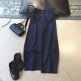 靛蓝色单宁香蕉弧立裁牛仔裤夏季新款荃棉无弹宽松显瘦别致阔腿裤