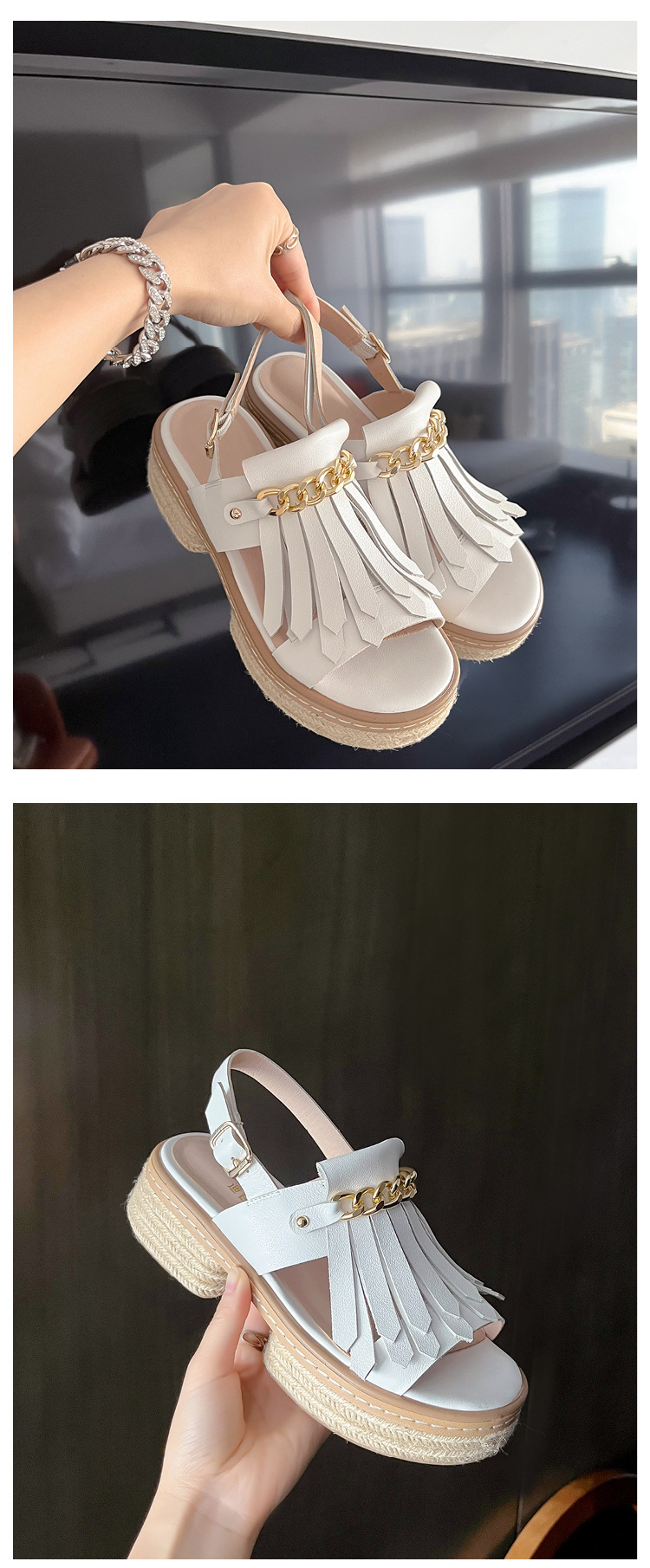 Sandal nữ đế thấp mũi hở quai tua rua đế cói phối dây xích kim loại — màu trắng, bạc chi tiết 17