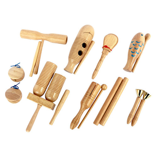 Orff instruments, oak high and low claves, woodfish frog, glockenspiel, woodblocks, children's teaching set combo