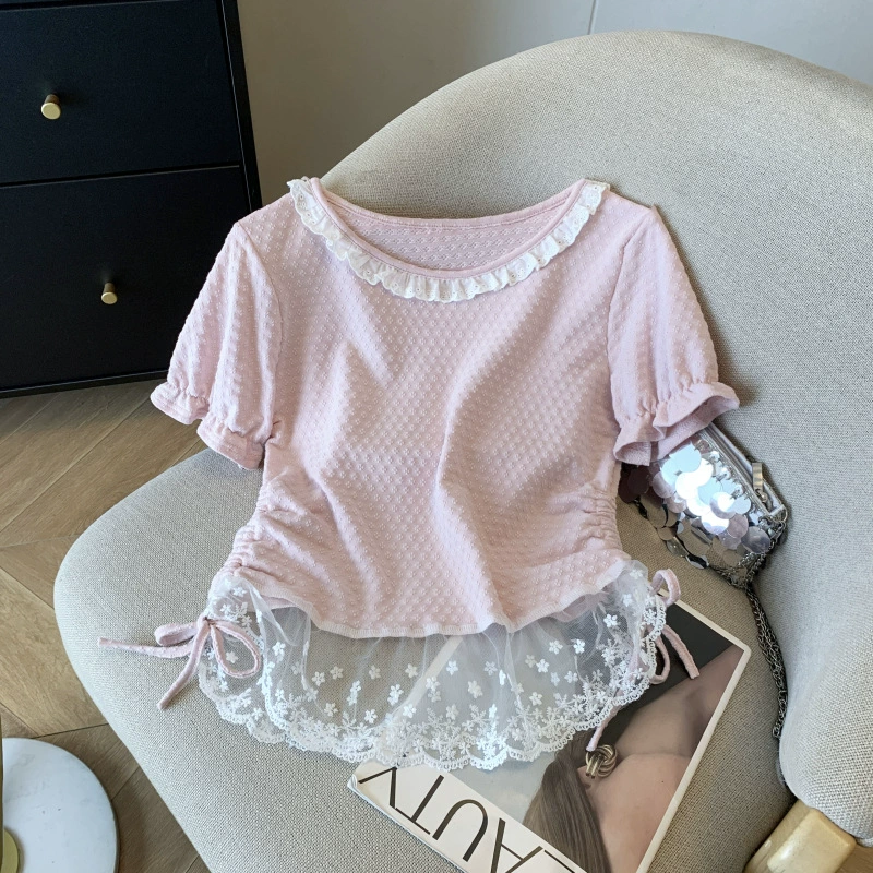 Модная и универсальная женская футболка с короткими рукавами и шнуровкой на талии, новый дизайн, нишевая кружевная футболка