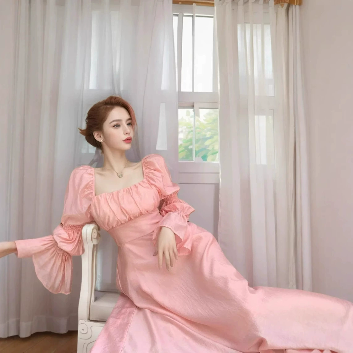 Трансграничный 2025 новый нежный ветер без спинки дизайн платье с квадратным воротником расклешенные рукава юбка средней и длинной одежды для внешней торговли