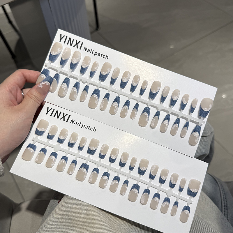 French Blue Denim Lace Prefabricated Manicure Popular Cool and High-End Removable Patches Wholesale Nail Patches