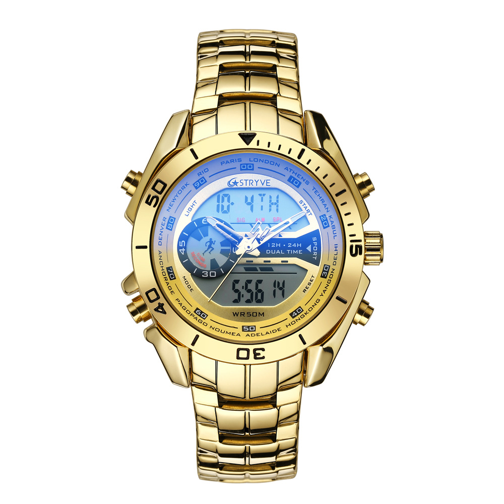 STRYVE reloj de negocios para hombre doble pantalla impermeable reloj electrónico de cuarzo para hombre reloj de acero inoxidable S8019