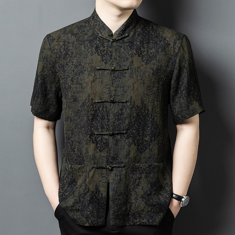Áo sơ mi nam tay ngắn cổ đứng kiểu Trung Hoa lụa tơ tằm Mulberry Silk — Quân đội xanh 625179