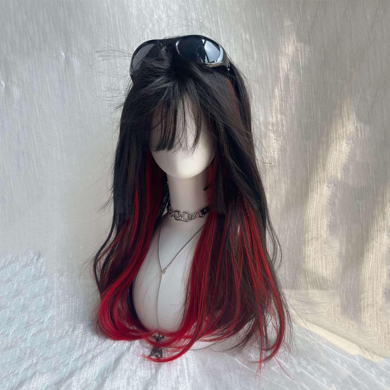 Wig Female Black and Red Highlights Gradient Long Straight Hair Sweet Cool Style Fluffy Natural Artificial Human Hair Full Headgear Tie Dye