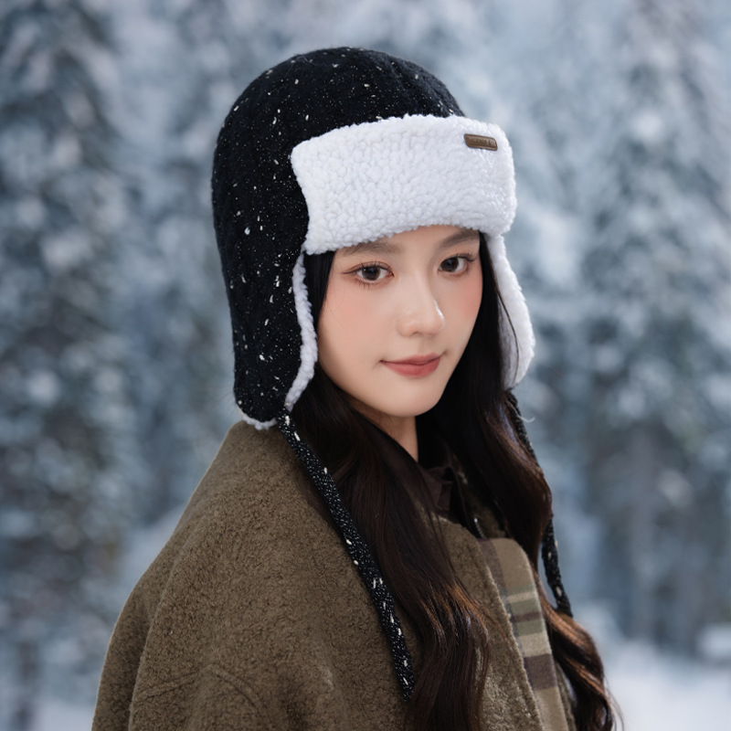 秋冬季帽子女款百搭针织保暖帽加绒加厚防寒雷锋帽系带户外防风帽|undefined