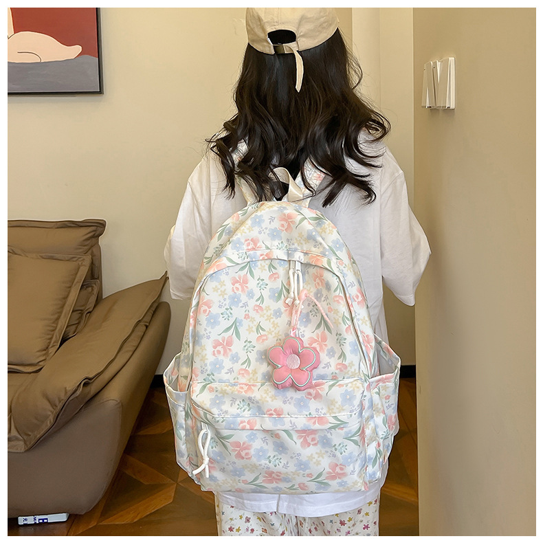 738g Weight Polyester Lining Material Sewing Thread Fashion Element Zipper Closure Type Double Shoulder Straps Strap Type Casual, School, Daily Occasion Nylon Material Waterproof Function Back To School Festival School Backpack Backpack Flower, Strawberry Pattern All Seasons Season Women's Gender Classic Style Style Square Shape Waterproof Flower Strawberry Casual School Daily School Backpack 13