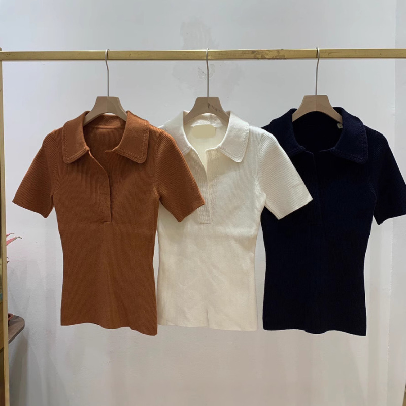 Chunyuan オリジナルフランス SZ ニッチラペルディープ V ネック半袖ポロセータートップ Nanyou 高品質婦人服|undefined