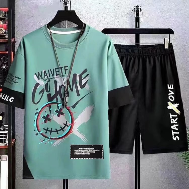 Men's Korean Style Short Sleeve Street Fashion Set Shan Shao Apparel Graffiti Inspired Five Sleeve Top With Shorts Black Gray White Casual Basic Fit_voghion.com