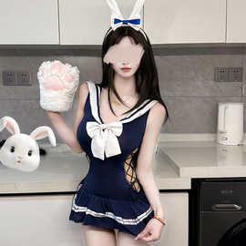 夜酥情趣内衣纯欲禁欲系紧身制服免脱开裆泳衣女绑带连体衣裙qqny