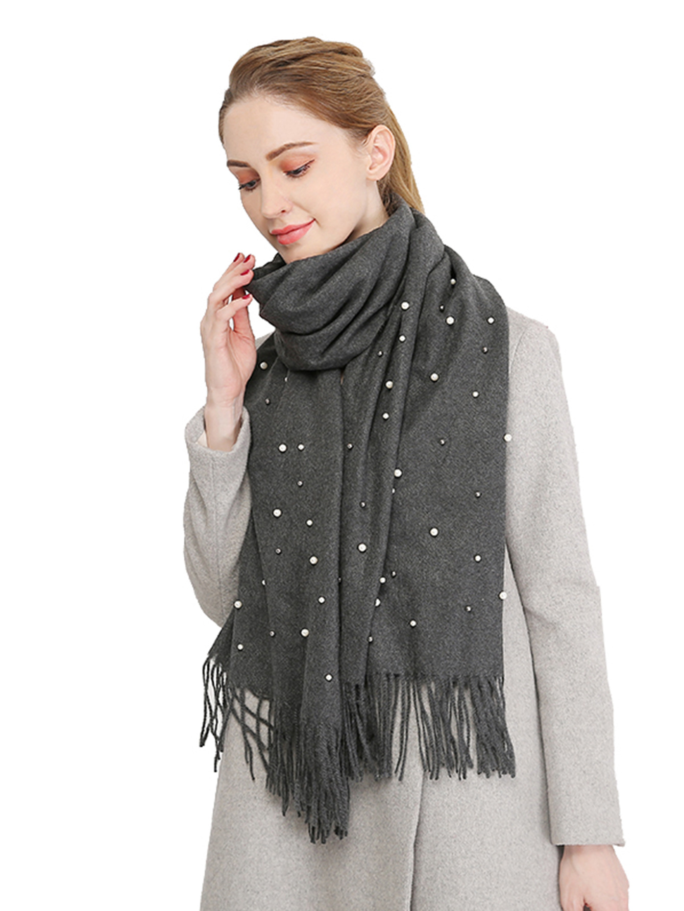 Vente chaude nouvelle automne et hiver couleur unie cheveux épineux clou perle châle en Europe et en Amérique, écharpe femme gland chaud épaissi_voghion.com