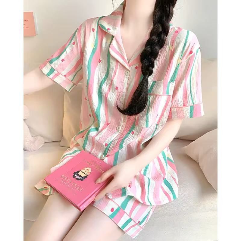 Niña linda solapa pijama de gasa mujer verano oso algodón y lino pantalones cortos de manga corta camisón traje de servicio a domicilio simple image 12
