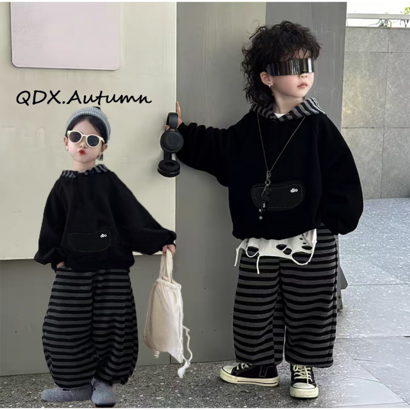 儿童套装2025秋季新款男童女童连帽卫衣条纹长裤韩版拉链衫两件套