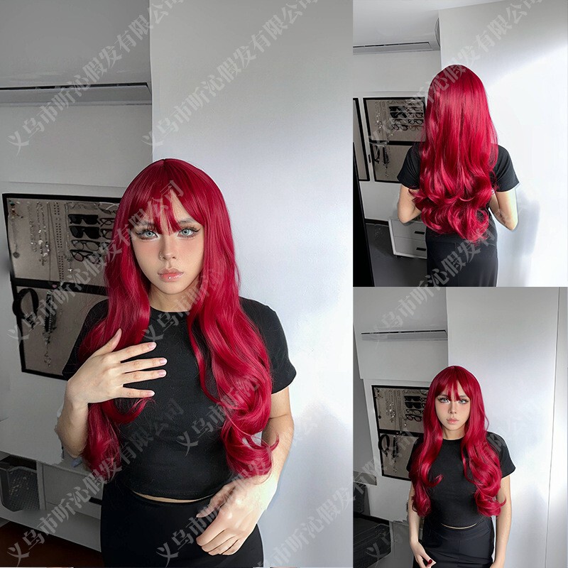 European and American Women's Wigs Cross-Border Amazon Best-Selling Elegant Big Wavy Long Curly Hair with Bangs Chemical Fiber High Temperature Silk