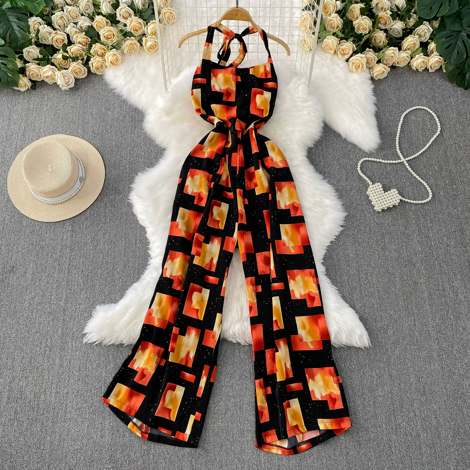 Модный элегантный стильный комбинезон с принтом на бретельках для женщин, новинка лета 2025 года, утягивающие широкие брюки с высокой талией